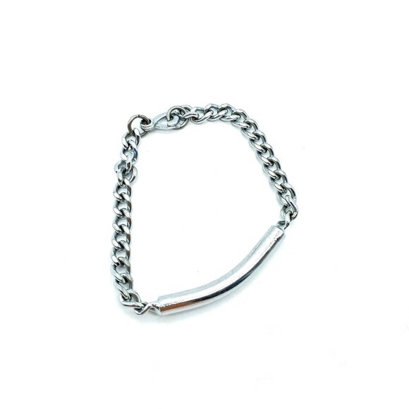 Vintage Silver Tone Chain Bracelet With Curved Bar & Heart Clasp Hong Kong
